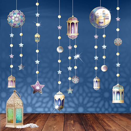 Decor365 Purple Blue Gold Ramadan Mubarak Garland Kit Lantern Crescent Moon Star EID Party Decoration Hanging EID Banner Streamer Decorations Islamic Birthday Bday Wedding Party Supplies