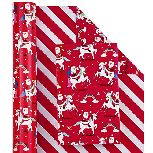 WRAPAHOLIC Reversible Christmas Wrapping Paper - Mini Roll - 17 Inch X 33 Feet - Red Santa Claus and Unicorn, Red and White Stripe Design for Holiday, Party, Celebration