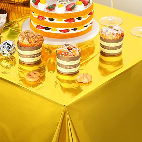 Foil Party Rectangular Table Covers Table Cloth 54 x 108 Inch Shiny Plastic Waterproof Tablecloth Party Table Cover for Wedding Anniversary Engagement Party (Gold, 3 Pieces)