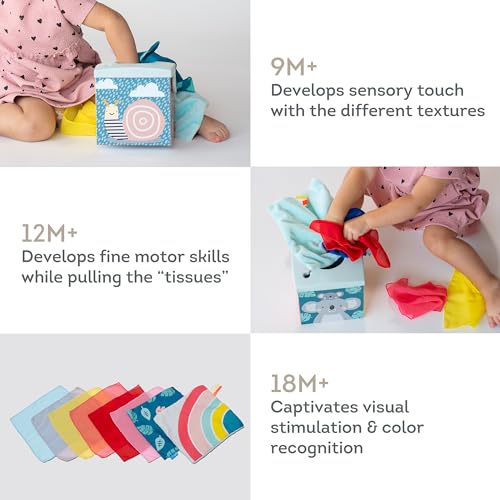 Taf Toys Sensory Crinkle Tissue Box for Toddlers. STEM Montessori Toy with Colorful Soft Scarves and Crinkling Blankies