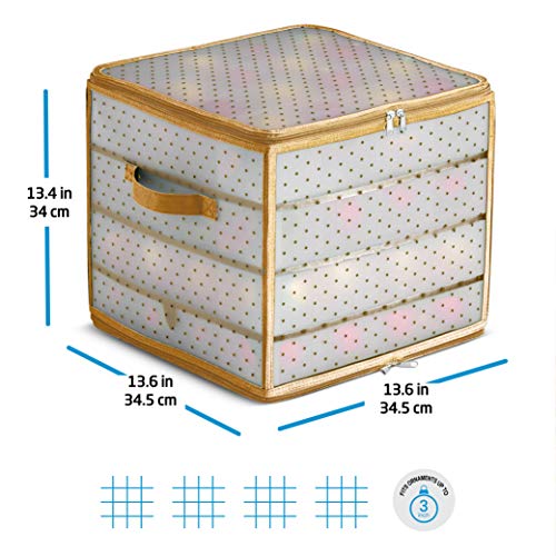 Plastic Christmas Ornament Storage Box with 2 Sided Dual Zipper Closure - Keeps 64 Holiday Ornaments, Xmas Decorations Accessories, 3" Cube Compartments - Sturdy Flexible Plastic (Gold)