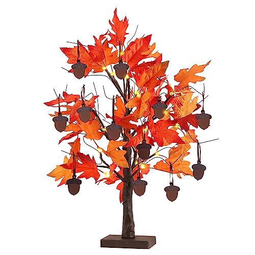 YEAHOME Fall Decorations for Home, 24”/2FT Lighted Fall Maple Leaves Tree with 24LT Warm White LEDs for Autumn Decor, 12 Wood Acorns Ornaments Battery Powered Timer for Home Decor, Thanksgiving