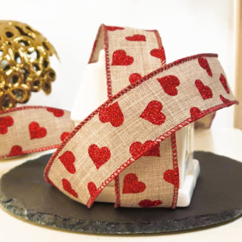 CT CRAFT LLC Faux Jute with Red Glitter Heart Wired Ribbon for Home Decor, Gift Wrapping, DIY Crafts, 1.5" x 20 Yards x 1 Roll