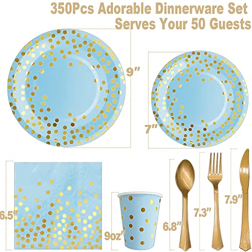 350PCS Blue and Gold Party Decorations 50 Guests Blue Paper Plates Plastic Forks Knives Spoons & Golden Dot Blue Party Plates Napkins Cups for 2023 Graduation Decorations Baby Shower Boy Birthday