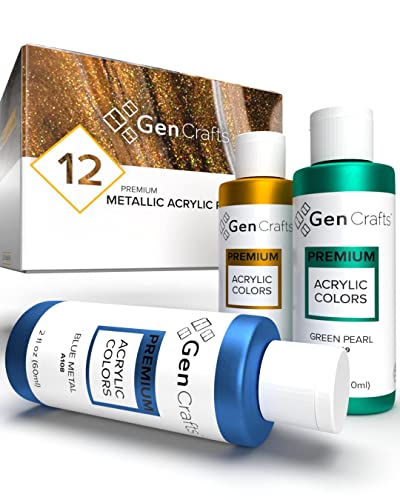 GenCrafts Metallic Acrylic Pouring Paint Set of 12 Metallic Colors - Pre-Mixed High Flow & Ready to Pour - 2 oz./59 ml Bottles - Multi-Purpose Paints for Canvas & Paper, Rocks, Wood