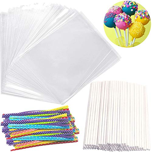Big Size Lollipop Cake Pop Treat Bag Set Including 100pcs Parcel Bags, 100pcs Papery Treat Sticks, 100pcs Colorful Metallic Twist Ties for Making Lollipops, Cake Pops, Candies, Chocolates and Cookies