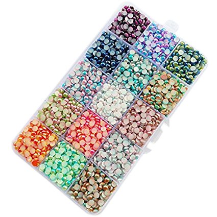 Chenkou Craft 18000pcs Assorted 15 Colors Gradient Color Half Flatback Imitation Pearl Bead 3mm Flat Back Gem Scrapbook Craft DIY Beads + Plastic Box