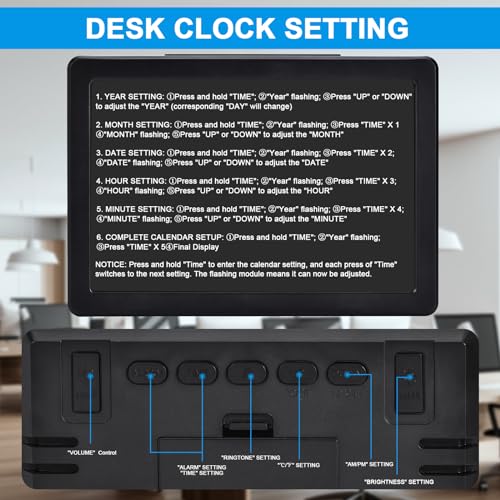 Amgico Digital Alarm Clock with Snooze, Small Clock/Table Clock, 6.3" LED Digital Calendar, 12/24H, Adjustable Brightness/Volume, Desk Clock for Bedroom, Living Room, Office - Black