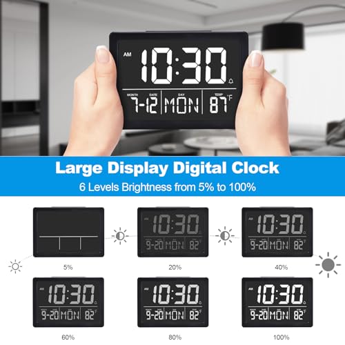 Amgico Digital Alarm Clock with Snooze, Small Clock/Table Clock, 6.3" LED Digital Calendar, 12/24H, Adjustable Brightness/Volume, Desk Clock for Bedroom, Living Room, Office - Black