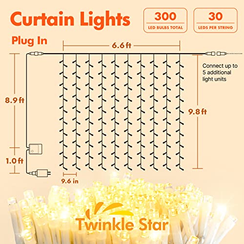 Twinkle Star 300 LED Window Curtain String Lights Wedding Party Home Garden Bedroom Outdoor Indoor Wall Decorations, Warm White