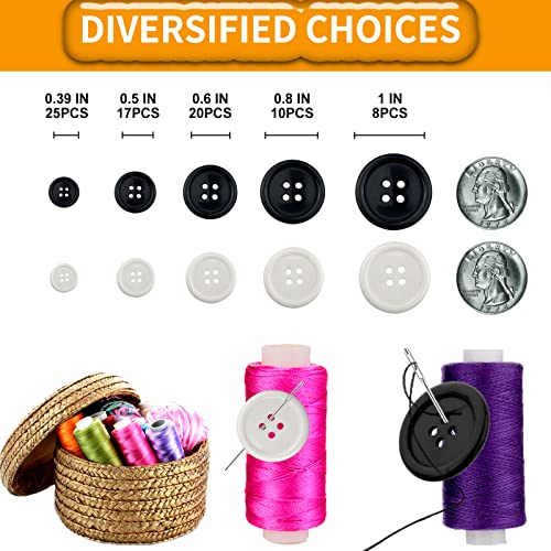 162 PCS Mixed Resin Sewing Buttons, Eco-Friendly 1 inch Buttons with Compartmentalized Storage Box Black Buttons, 4 Holes 5 Sizes DIY White Buttons, Suitable for Sewing, DIY and Holiday Decoration.