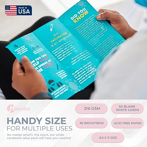 White Cardstock Printer Paper By Hamilco (50-Pack)- 8.5 x 11” Thick Card Stock For Card Making- 80lb Heavyweight Stationery Card Stock Paper Cover- Great For Invitations, Birthdays, Awards, Brochures