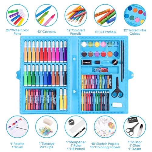 VigorFun Art Kit, Drawing Painting Art Supplies for Kids Girls Boys Teens, Gifts Art Set Case Includes Oil Pastels, Crayons, Colored Pencils, Watercolor Cakes (Blue)