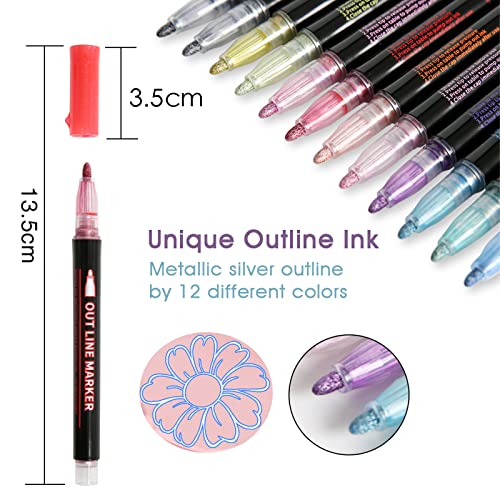 Upanic Super Squiggles Outline Markers-12 Colors Super Squiggles Shimmer Markers,Outline Markers Double Line Pen,Outline Markers Self-Outline Metallic Markers