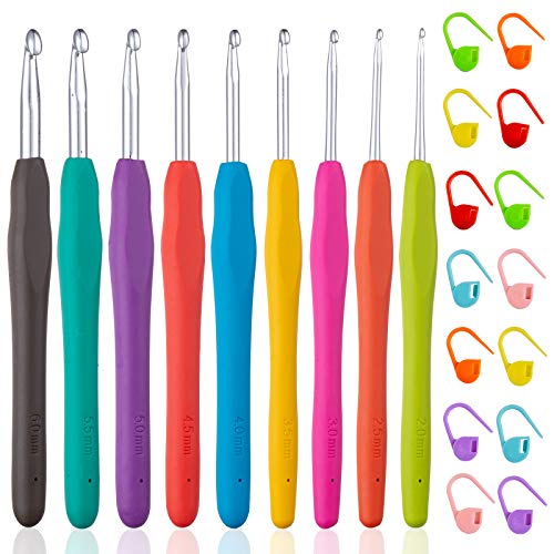 Vodiye 23 PCS Crochet Hooks, Ergonomic Handle Crochet Hooks Set for Arthritic Hands, Comfortable Smooth Crochet Needles Extra Long  Knitting Needles with Stitch Markers.