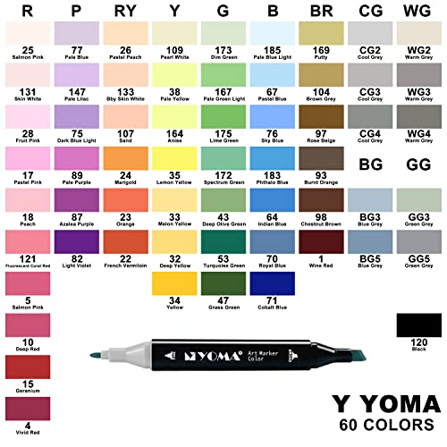 Y YOMA 60 Colors Alcohol Markers Dual Tip Markers Art Markers Set, Unique Colors (1 Marker Case) Alcohol-based Ink, Fine & Chisel, Black Penholder