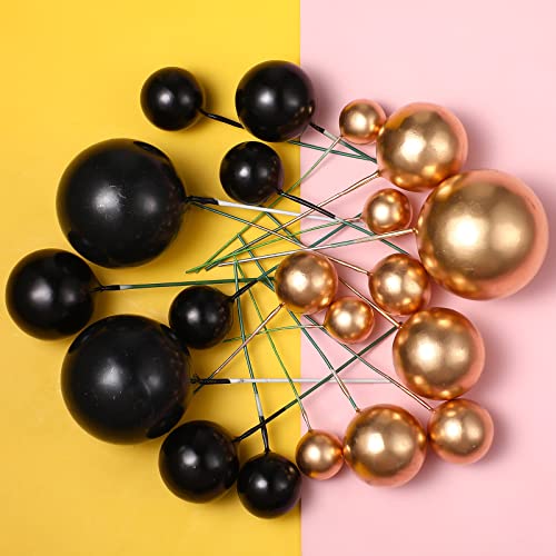 66 Pieces Mini Balloon Cake Topper Cake Decorations Balls Faux Pearl Balls Cake Picks DIY Cake Insert Topper Baking Decoration for Anniversary Graduation Birthday Party Baby Shower (Gold, Black)