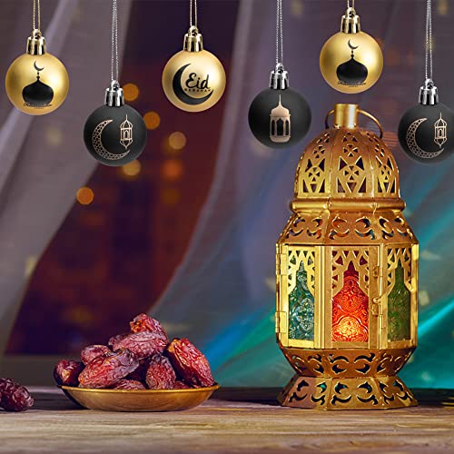 24 PCS Ramadan Ornament Ball, 1.57" Black Gold Eid Mubarak Hanging Balls, Ramadan Mubarak Ornaments for Islamic Muslim Tree Party Decor