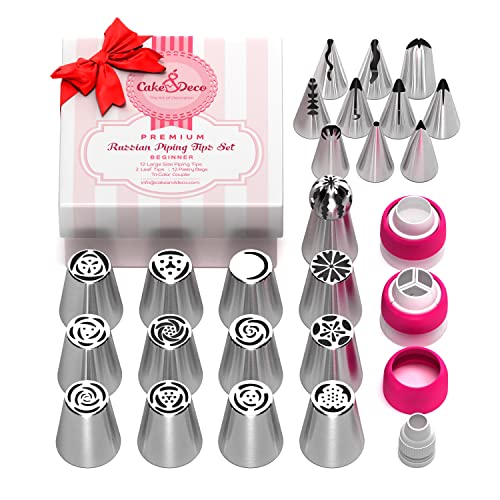 Premium Russian Piping Tips Cake Decorating Complete Set - 42pcs Baking Supplies Kit with Storage Gift Box - 12 Russian Tulip Icing Piping Nozzles - Flower Shaped Frosting Nozzles Kit