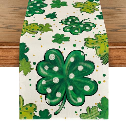 Artoid Mode Watercolor Shamrock St. Patrick's Day Table Runner, Seasonal Spring Holiday Kitchen Dining Table Decoration for Indoor Outdoor Home Party Decor 13 x 72 Inch