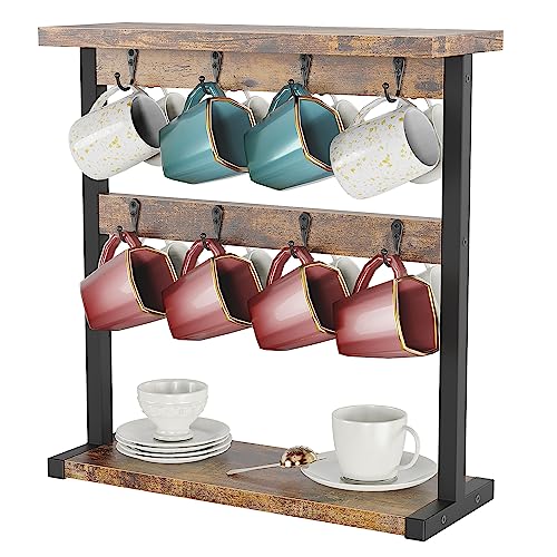 OROPY Wood Coffee Mugs Holder for Counter with 16 Hooks, 2 Tier Mugs Tree with Top Storage Shelf, Vintage Countertop Mug Rack Stand for Home Coffee Bar Storage and Display