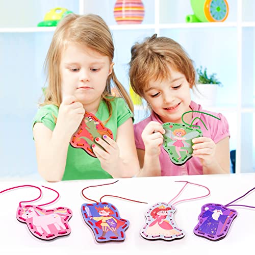 Zeoddler Wooden Fairytale Lacing Card for Kids 3-5, Sewing Cards for Toddlers, Toddler Arts and Craft, Fine Motor Skill Toys, 6 Wooden Panels and 6 Matching Laces, Gift for Boys, Girls