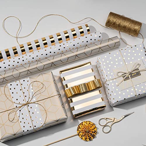 MAYPLUSS Wrapping Paper Roll for Birthday - Mini Roll - 17 inch X 120 inch Per roll - White & Gold Foil Design (42.3 sq.ft.ttl)