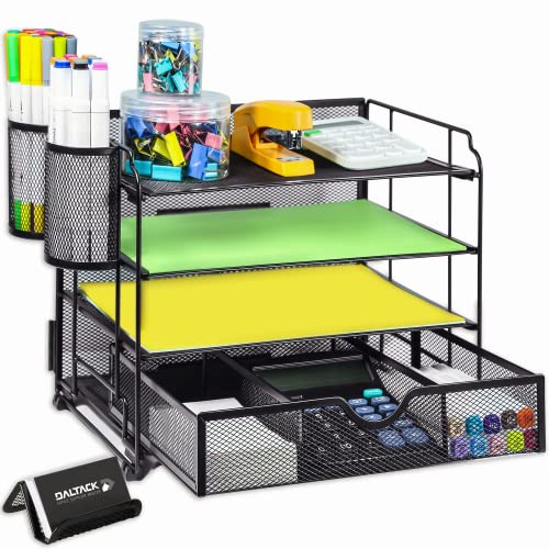 DALTACK 4-Trays Desktop File Organizer with Pen Holder, Letter Tray Paper Organizer with Drawer and Pen Holders, Black Mesh Office Supplies File Holder, Desk Organizer for Office School Home
