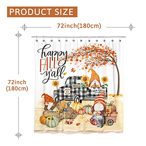 Bonsai Tree Fall Shower Curtain for Bathroom, Autumn Pumpkins Waterproof Bath Curtains, Gnomes Buffalo Plaid Truck Maple Leaves Farmhouse Decor Fabric Seasonal Shower Curtains with Hooks, 72"x72"