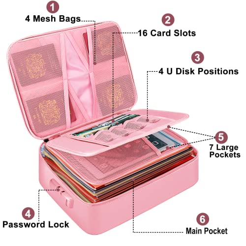 File Organizer Bag with Lock,DocSafe Fireproof Document Bag with Water-Resistant Zipper,3-Layer Portable Travel Home Office Filing Storage Safe Bag for Files,Cash,Laptop,Passport,Certificates,Pink