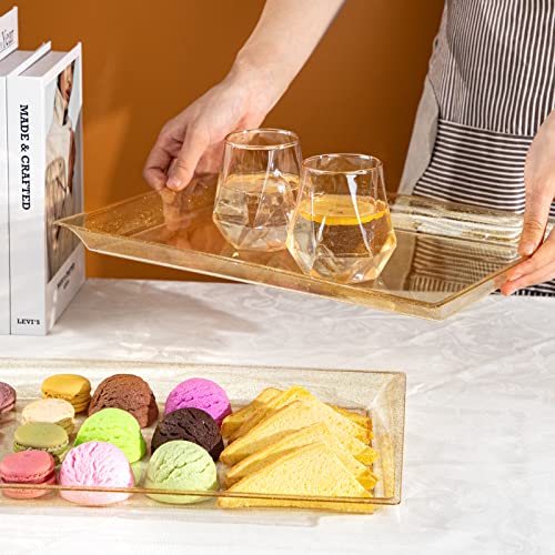 I00000 6 Pack Gold Glitter Plastic Serving Tray, 15" x 10" Crooked Food Trays, Clear Disposable Serving Platter for Parties, Weddings