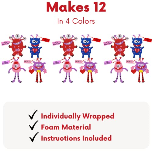 4E's Novelty Valentines Monster Craft Ornament (12 Pack) Foam Valentines Day Crafts for Kids Classroom DIY Activity Bulk - Individually Wrapped