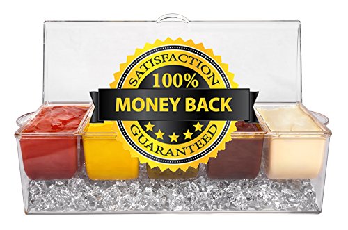 Ice Chilled 5 Compartment Condiment Server Caddy - Serving Tray Container with 5 Removable Dishes with Over 2 Cup Capacity Each and Hinged Lid | 3 Serving Spoons + 3 Tongs Included