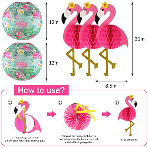 Flamingo Party Decorations, Hawaiian Party Supplies Flamingo Palm Leaves Hibiscus Flowers Paper Lanterns Flamingo Honeycomb Tissue Paper Fans for Luau Birthday Party Home Decorations (Hot Pink)