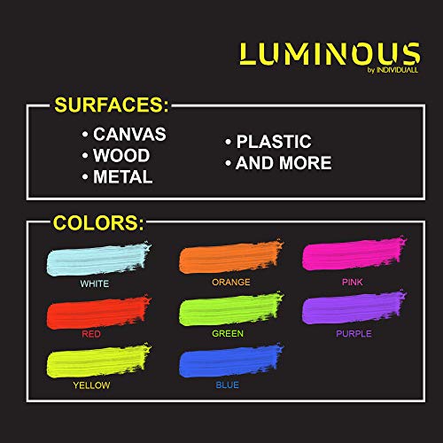 Luminous Extreme Glow in The Dark Paint - Set of 8 x 20 ml / 0.7 fl oz pots - Self-Luminous Glowing Neon Paints – High Pigmentation Long-Lasting Phosphorescent Paints