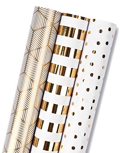 MAYPLUSS Wrapping Paper Roll for Birthday - Mini Roll - 17 inch X 120 inch Per roll - White & Gold Foil Design (42.3 sq.ft.ttl)