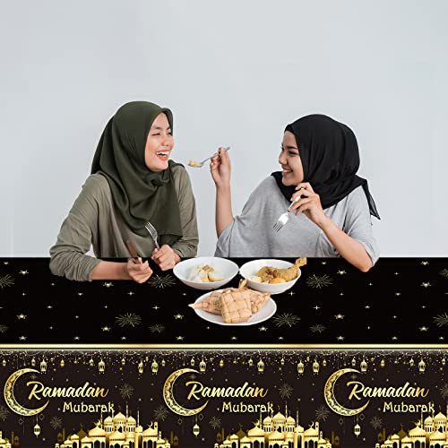 3pcs Ramadan Mubarak Tablecloths Eid Mubarak Party Table Decorations Ramadan Kareem Party Decorations Supplies Black and Golden Rectangle Table Cover for Eid Al-fitr Dinning Room Party Favors