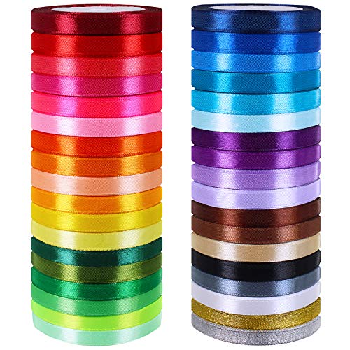 Winlyn 36 Colors 900 Yards Fabric Ribbons Satin Ribbons Metallic Glitter Ribbons Rolls Craft Ribbons Embellish Decorative Ribbons 2/5" Wide for Floral Bouquet Gifts Crafts Bows Party Wedding