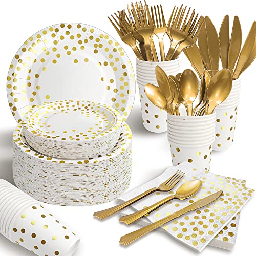 AIRE 350PCS White and Gold Plastic Dinnerware Set, Includes 9" Dinner Plates, 7" Dessert Plates, 9oz Cups, Napkins, Forks, Knives, Spoons