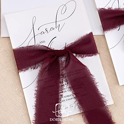 DORIS HOME 3 Rolls 2"x7Yd Fringe Chiffon Ribbon for Flower Bouquet, Handmade Burgundy Ribbon for Gift Wrapping, Frayed Edge Ribbon for Crafts, Decorating, Bouquet Wrap, Wedding Invitation