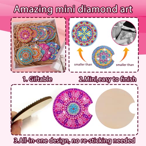 8 Pcs Diamond Art for Car Coasters, BSRESIN 2.8 Inches Diamond Painting Coasters, Mandala Diamond Art Coasters Small Diamond Painting Kits Supplies, DIY Crafts for Adults
