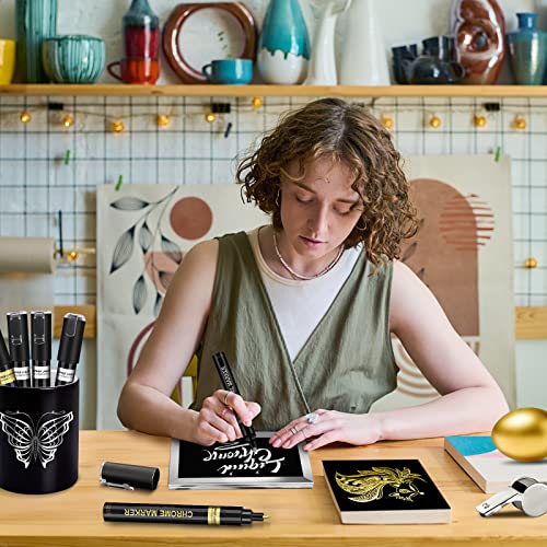 6Pcs Liquid Mirror Chrome Markers, Silver & Gold Oil-based Permanent Chrome Mirror Paint Pens for Model Painting, Repairing, Marking or DIY Art Projects, Waterproof Reflective Gloss Metallic Markers