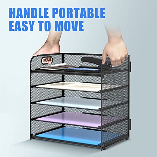Supeasy 5 Trays Paper Organizer with Handle - Mesh Desk File/Letter Organizer,Black Paper Sorter for Office, Home or School