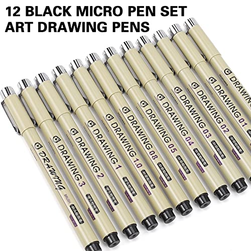 Micro Fineliner Drawing Art Pens: 12 Black Fine Line Waterproof Ink Set Artist Supplies Archival Inking Markers Liner Professional Sketch Outline Crafts Anime Sketching Watercolor Zentangle Kit Stuff