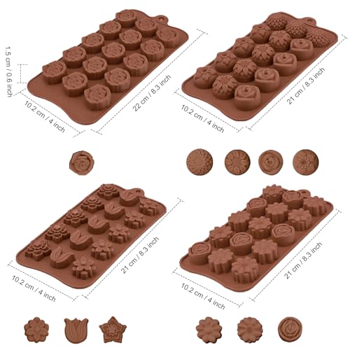 JOERSH Silicone Chocolate Molds for Fat Bombs Snacks & Truffles, 4PCS Flower Shape Silicone Molds Caramel Hard Candy Mold (11 Different Flowers)