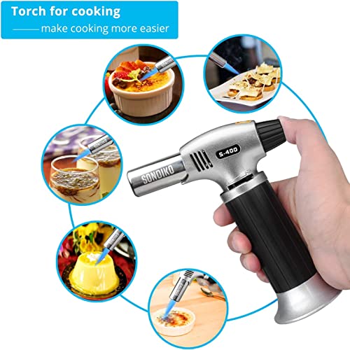 Butane Torch 10g Refillable Cooking Kitchen Torch Lighter Fit Butane Tanks Blow Torch with Safety Lock & Adjustable Flame for DIY Creme Brulee,Desserts and Baking(Butane Gas Not Included)