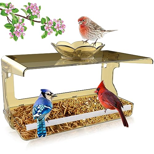 WENMIXER Window Bird Feeder with Non-Marking Self-Adhesive Hooks, Clear Window Bird Feeder for Outside, Transparent Bird House, Outdoor Bird Feeders, Wild Bird Watching Gift, Garden Decor (Yellow)