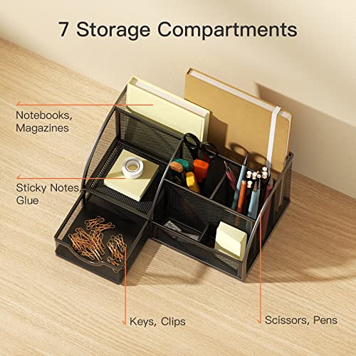 Pipishell Mesh Desk Organizer Multifunctional Desktop Office Supplies Holder with 6 Compartments and 1 Drawer for Home School Classroom