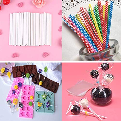 Big Size Lollipop Cake Pop Treat Bag Set Including 100pcs Parcel Bags, 100pcs Papery Treat Sticks, 100pcs Colorful Metallic Twist Ties for Making Lollipops, Cake Pops, Candies, Chocolates and Cookies