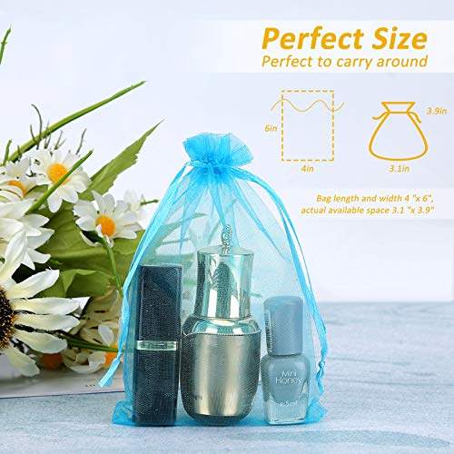 Angooni 100PCS Blue Sheer Organza Bags Gift Drawstring Pouch for Jewelry Party Wedding Favor Party Festival Candy Bags (4x6)